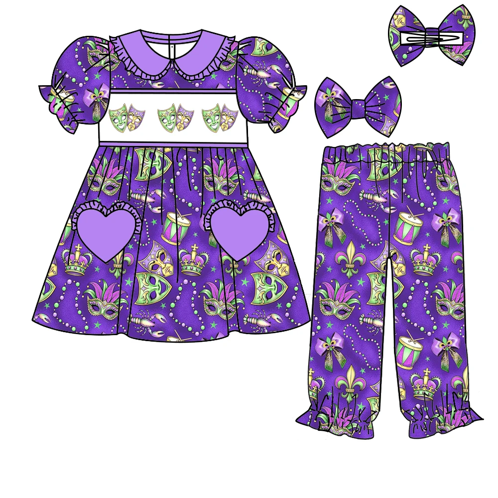 mardi gras boutique children's suit lapel shorts lace purple cartoon print trousers girls boys trousers suit 2-piece set