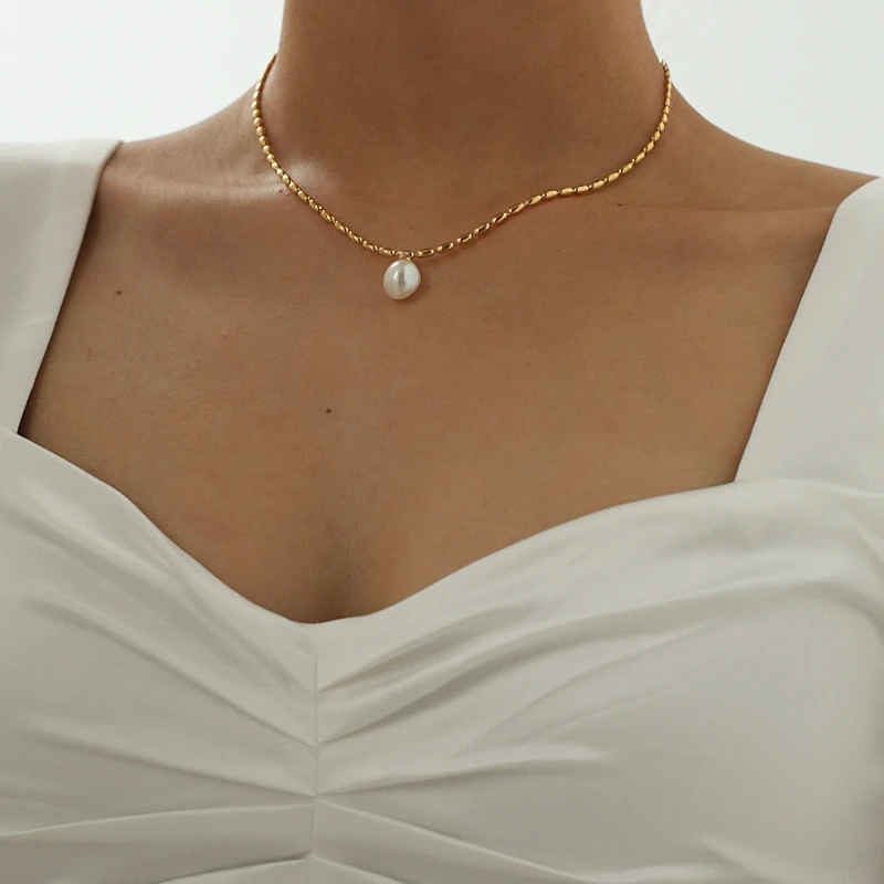 Titanium With 18K Gold Beads Chian Real Pearl Choker Necklace Designer T Show Runway Gown Rare INS Japan Korean Boho Top 4
