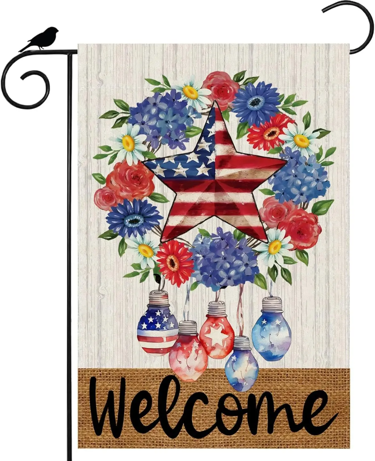Watercolor Colorful Flowers Stars Bulbs America Patriotic 4th of July Memorial Day Independence Day Garden Flag Yard Flag 12 SSL