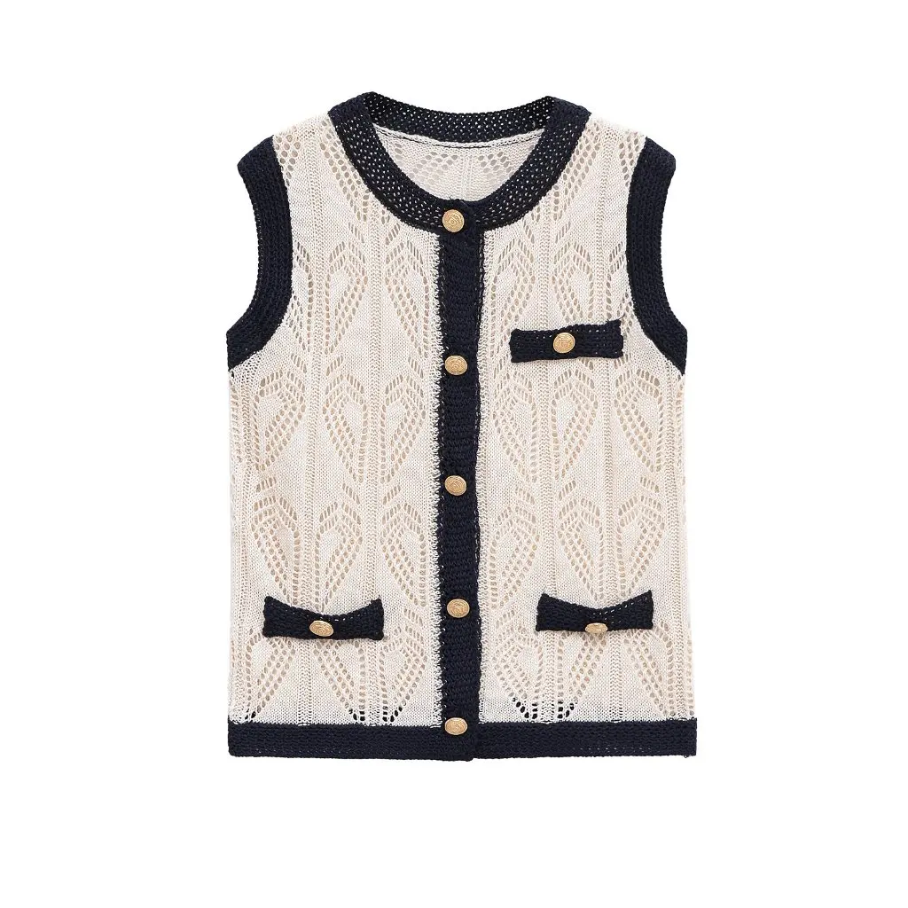 

Summer New Women's Knitted Mesh Vest-Style Top Versatile Floral Embroidery Eyelet Knitwear Casual Fashion Online Wholesale