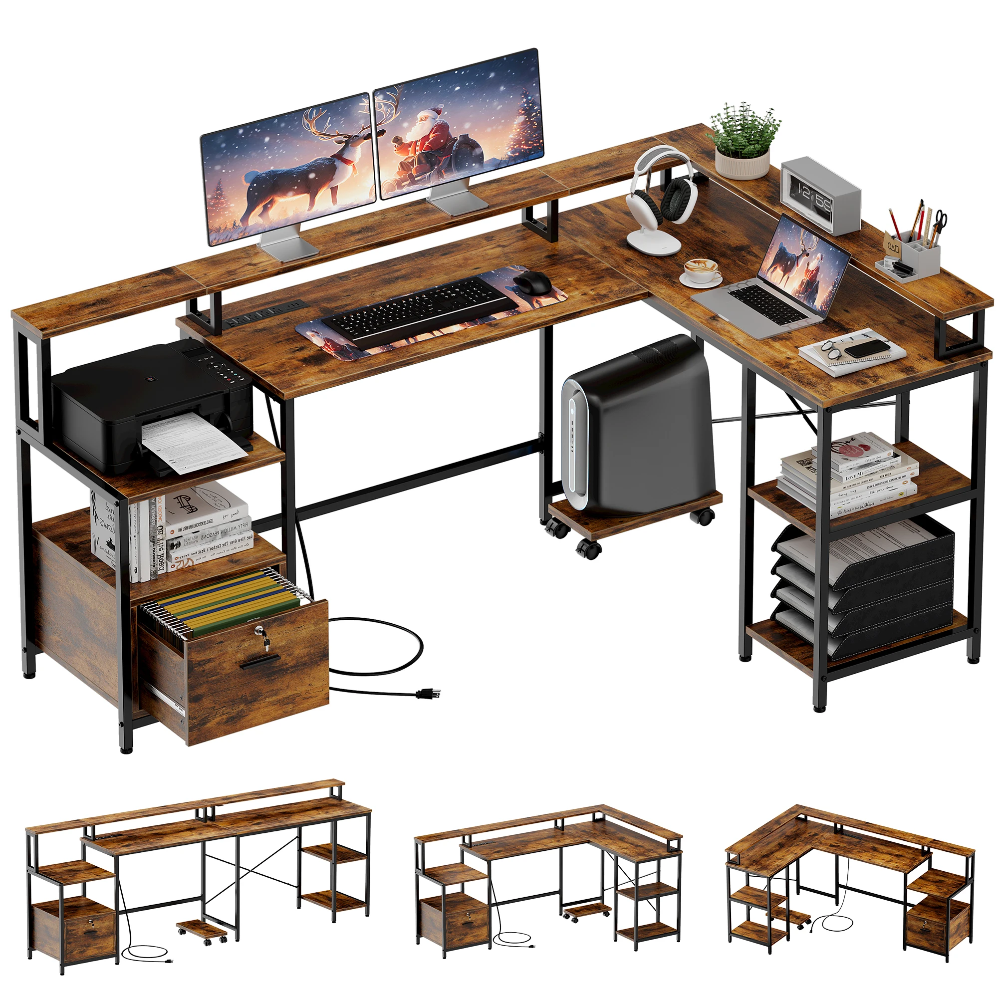 

L Shaped Desk - 76" Reversible L Shaped Computer Desk with File Drawer, Office Desk with Power Outlet, Corner Desk for Home