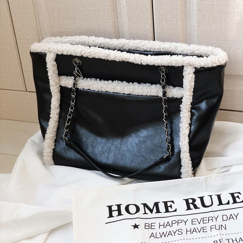 Women's bag autumn and winter new product chain solid color fur stitching tote bag casual zipper pocket shoulder bag