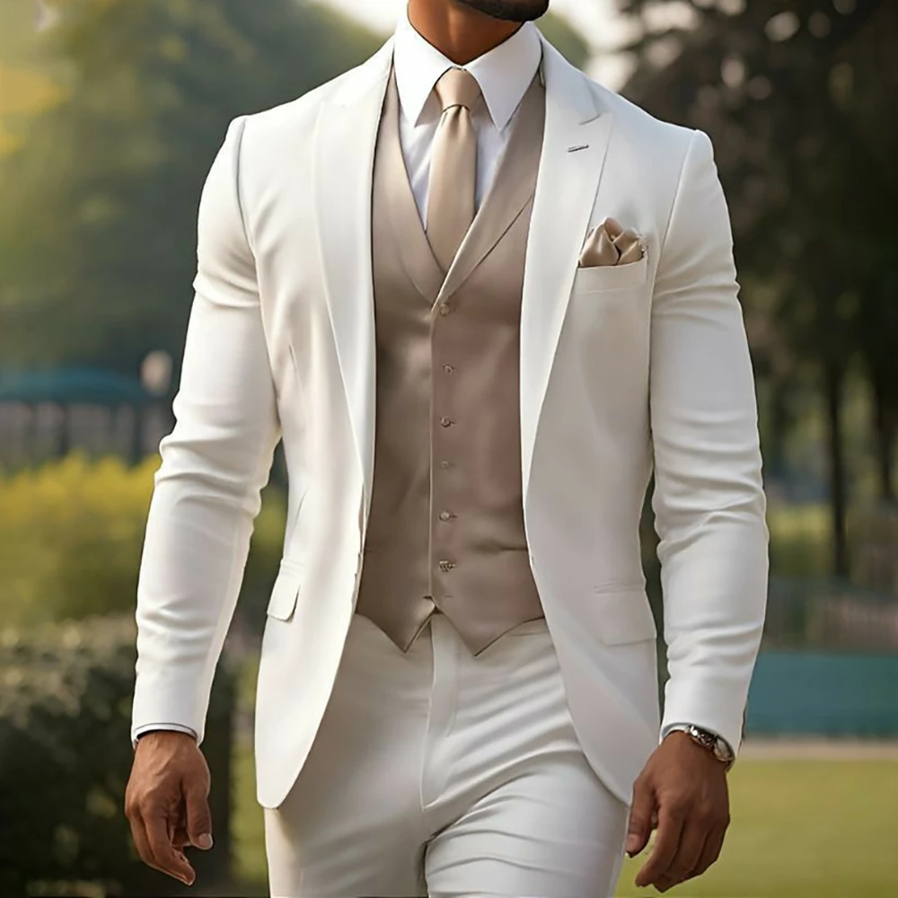 Elegante weiße Mann Anzüge für Hochzeit Bräutigam Smoking heiraten männliche Anzug Slim Fit 3 Stück Set Jacke Weste Hosen Kostüm Homme Mariage