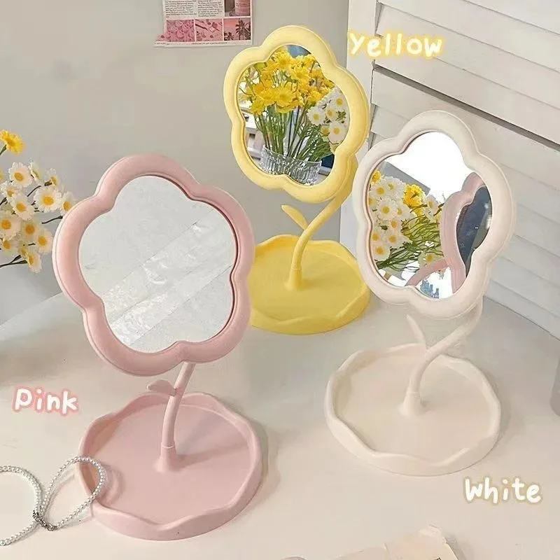 Cute Rotatable Flower Makeup Mirror Aesthetic Desktop Vanity Mirror with Storage Tray for Dorm Room Bedroom