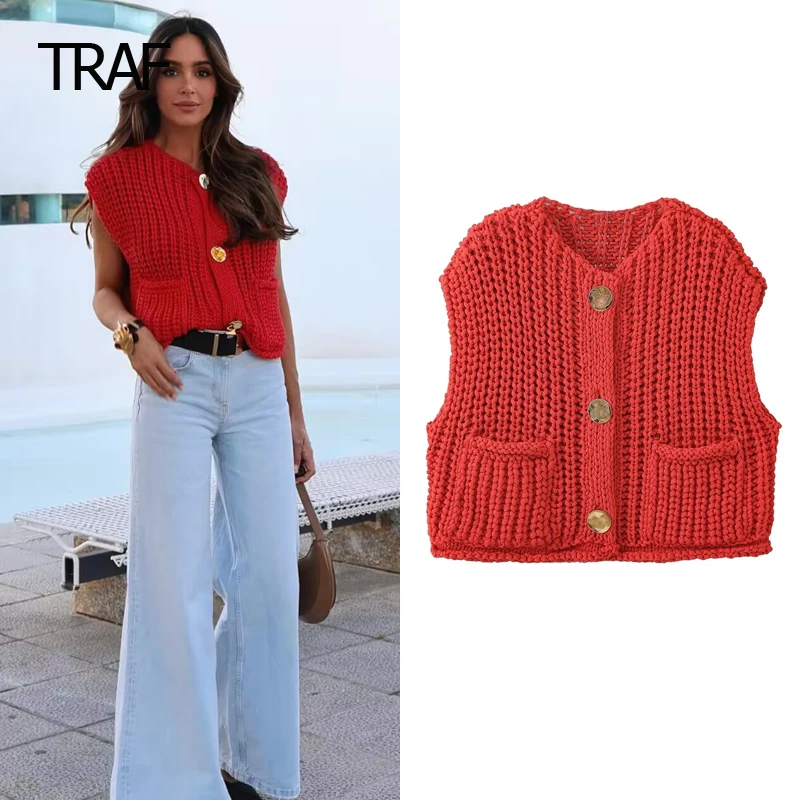 TRAF Red Vest Women\'s Vest Spring 2024 O-Neck Knitted Sleeveless Sweater New In Knitwears Korean Style Vest Luxury Brand Sweater