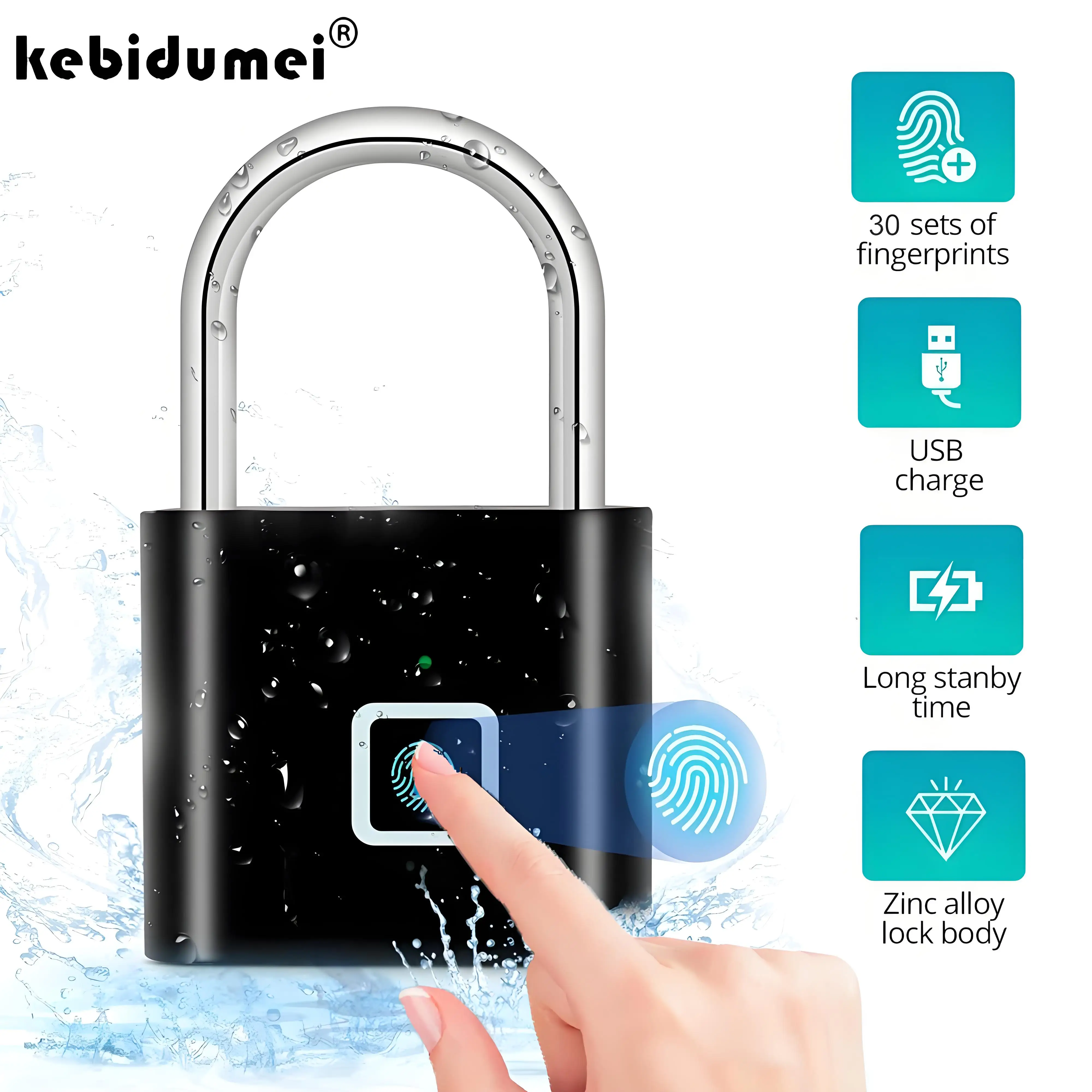 Fingerprint Lock Keyless USB Charging Smart Padlock Waterproof Portable Anti-theft Door Lock can store 30 fingerprints