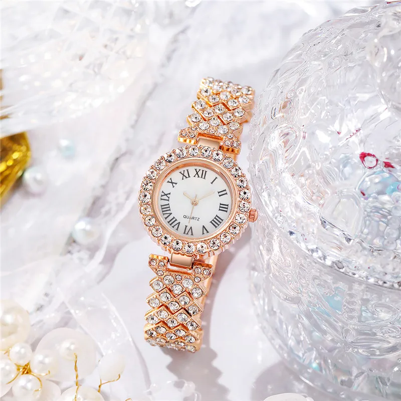 2PCS/Set Women\'s Watch Fashion Rhinestone Roma Dial Quartz Watches Stainless Steel Band Wrist Watch Bracelet Set