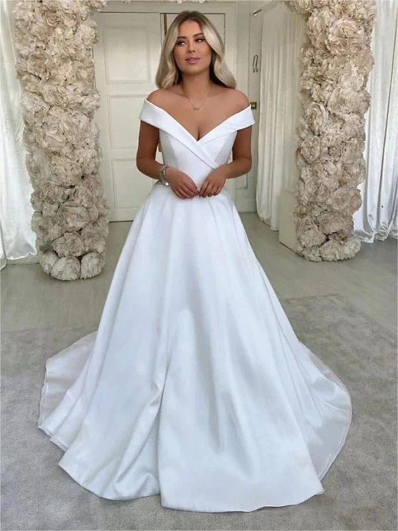 

Women's Off The Shoulder Wedding Dresses Aline Satin Pleated Long Formal Dress