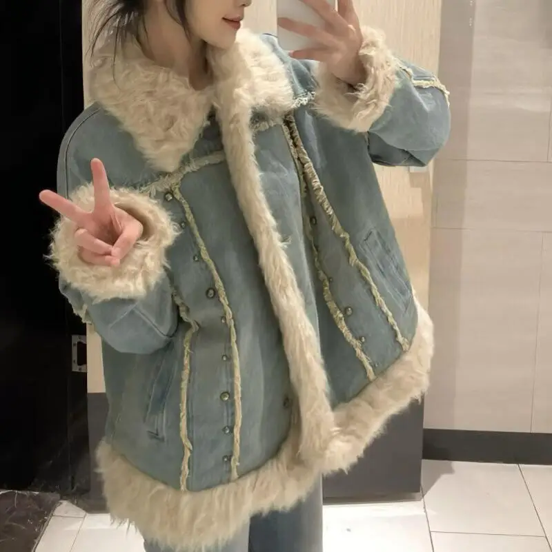 

Women's Winter Coat Lamb Wool Denim Patchwork Jacket Women Autumn Winter High End Niche Student Hong Kong Style Fleece Lined