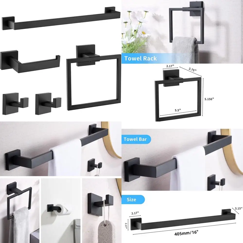 

Modern Matte Black 16 Stainless Steel 5-Piece Bath Hardware Set with Towel Rack, Wall-Mounted Accessories Kit