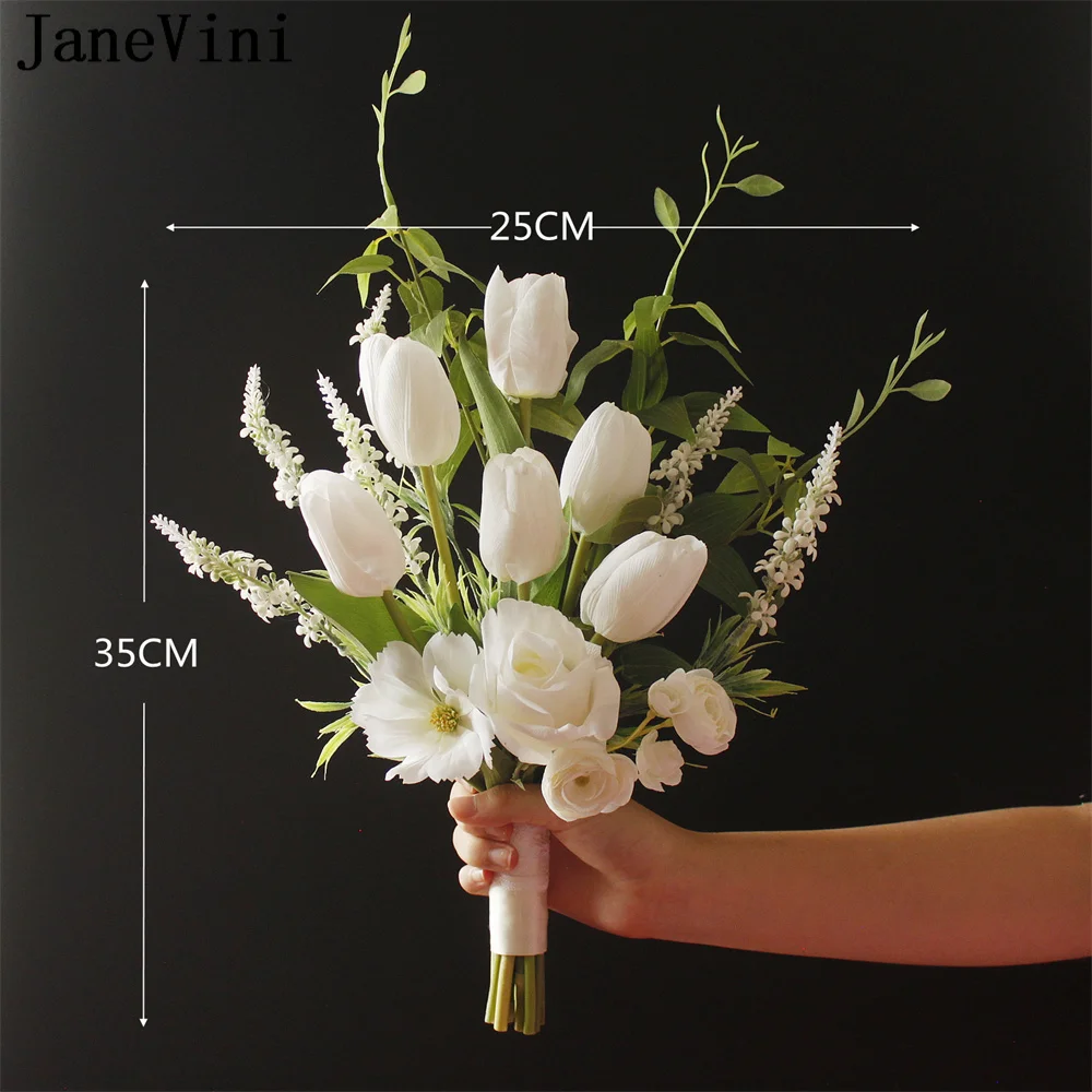 JaneVini สีขาวประดิษฐ์ Tulip ช่อดอกไม้งานแต่งเจ้าสาวผ้าไหมดอกไม้ชายหาด Buket Pengantin Flores Pequeño De Novia