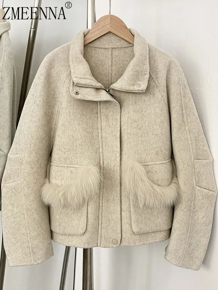 

ZMEENNA Warm And Stylish Beige Wool Blend Short Jacket For Women With Fur Pockets Casual Outerwear For Winter ZM4099