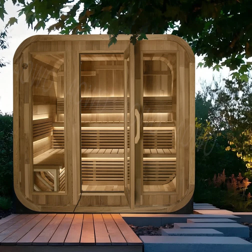 Estufa de Sauna finlandesa cuadrada, terraza canadiense al aire libre, sala de Sauna, patio, jardín, día, Sauna infrarroja, exterior, baño de luz roja