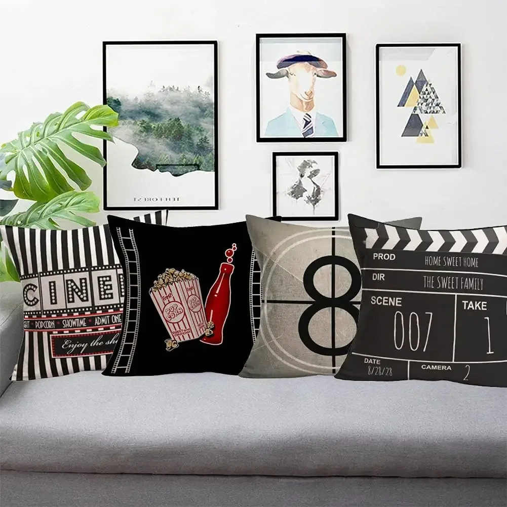 Vintage Movie Theater Cinema Pillow Covers Personalized Home Decor Cushion Cover Filmstrip Popcorn Cola Print Pillow Case