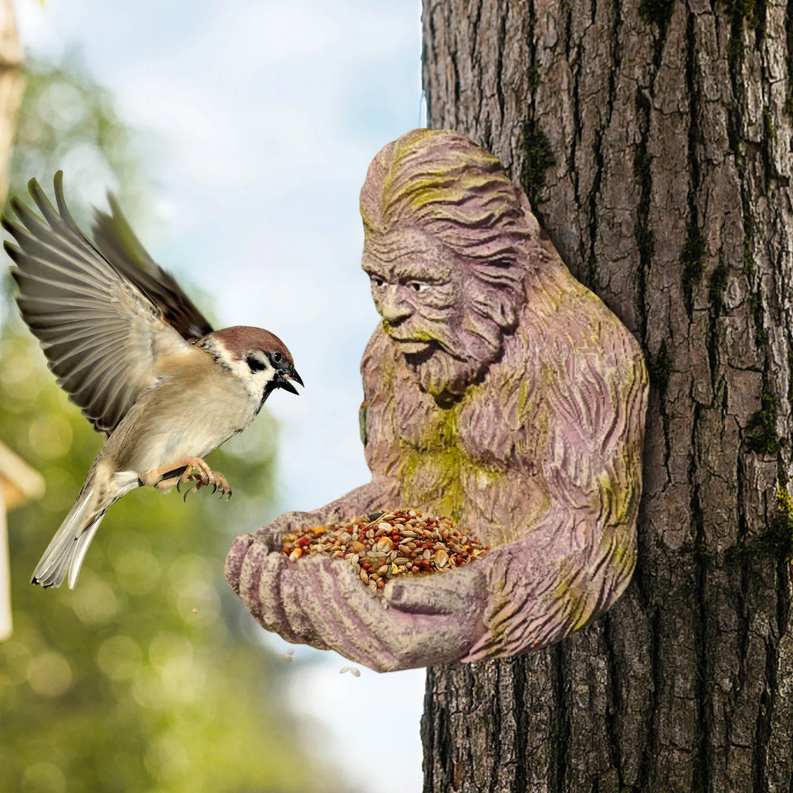 Waterproof Tree-Mounted Outdoor Sculpture Feeder Garden Decoration Yard Art Statue Wild Bird Feeder Gift for Nature Lovers