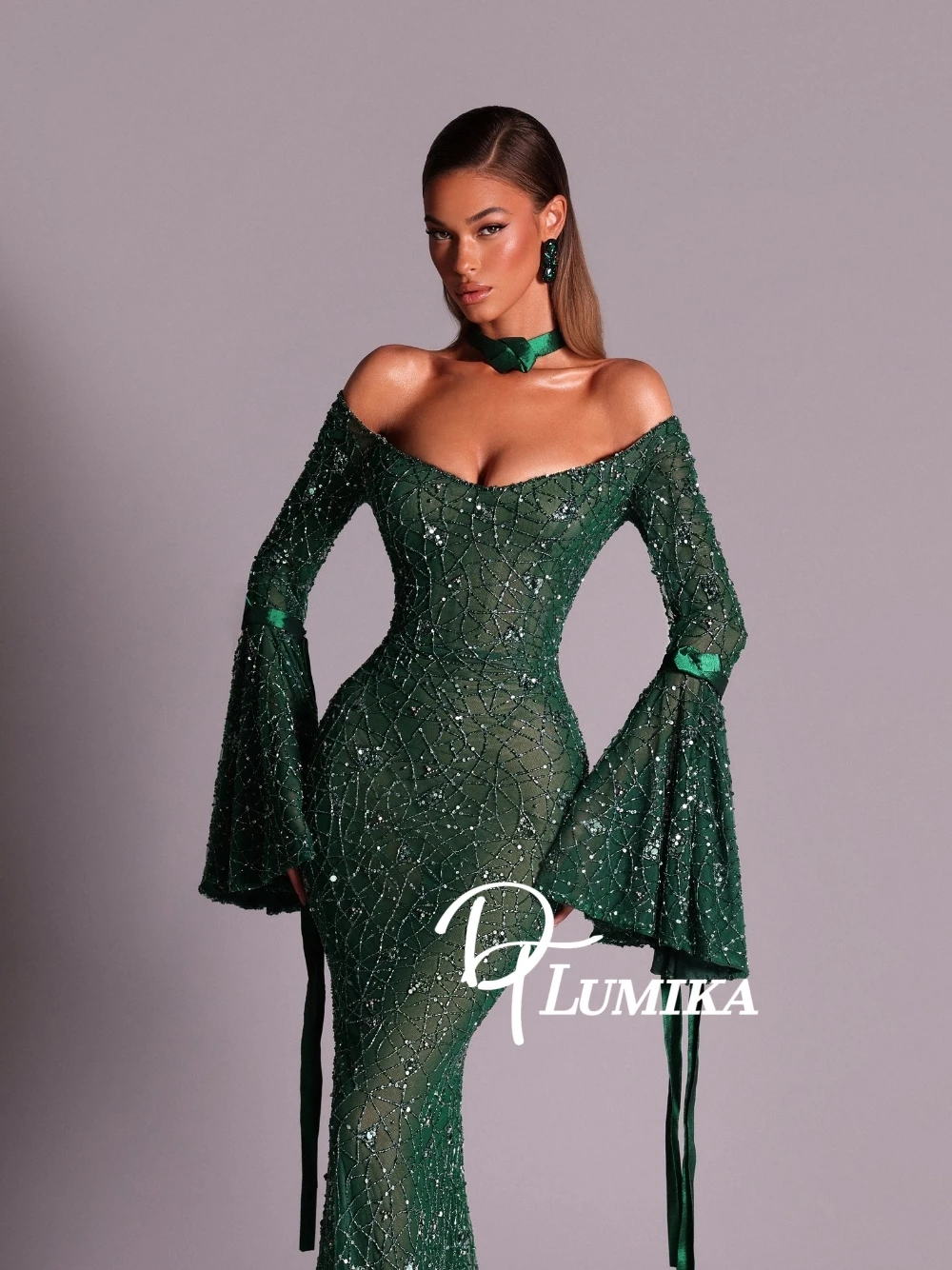 

Изумрудно-зеленое вечернее платье с открытыми плечами и блестками, с рукавами-колокольчиками, расшитое бисером платье русалки для выпускного вечера с колье для официальных Galas по индивидуальному заказу