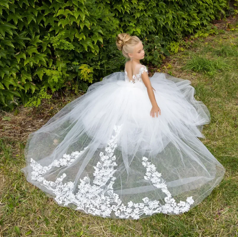 First Communion Dresses Long Length Tulle Lace Decal Princess Flower Girl Dress Wedding Party Ball Gown Kids Surprise Present