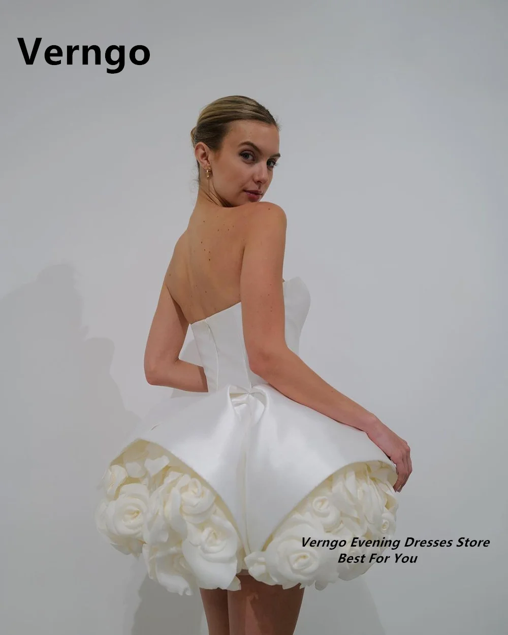 Verngo Strapless Zipper Short Prom Gown Bone 3D Flower Wedding Party Dress Satin Mini Evening Dress Customized