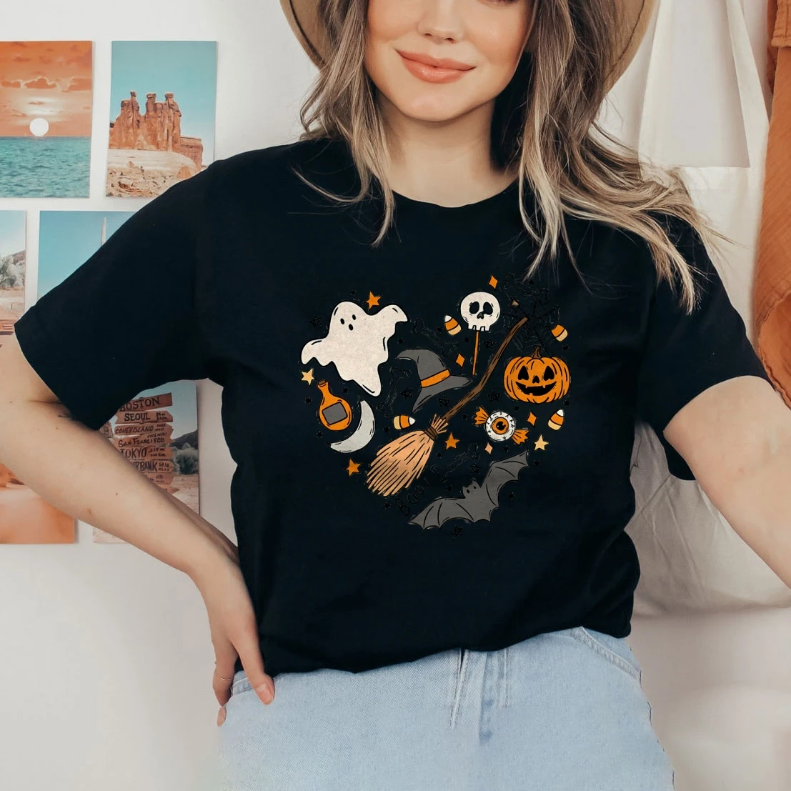 Cute Halloween Ghost Graphic Tee Outfit Oversized High Quality Cotton Top Crew Neck Pullover Clothing Y2k Women Short Sleeve