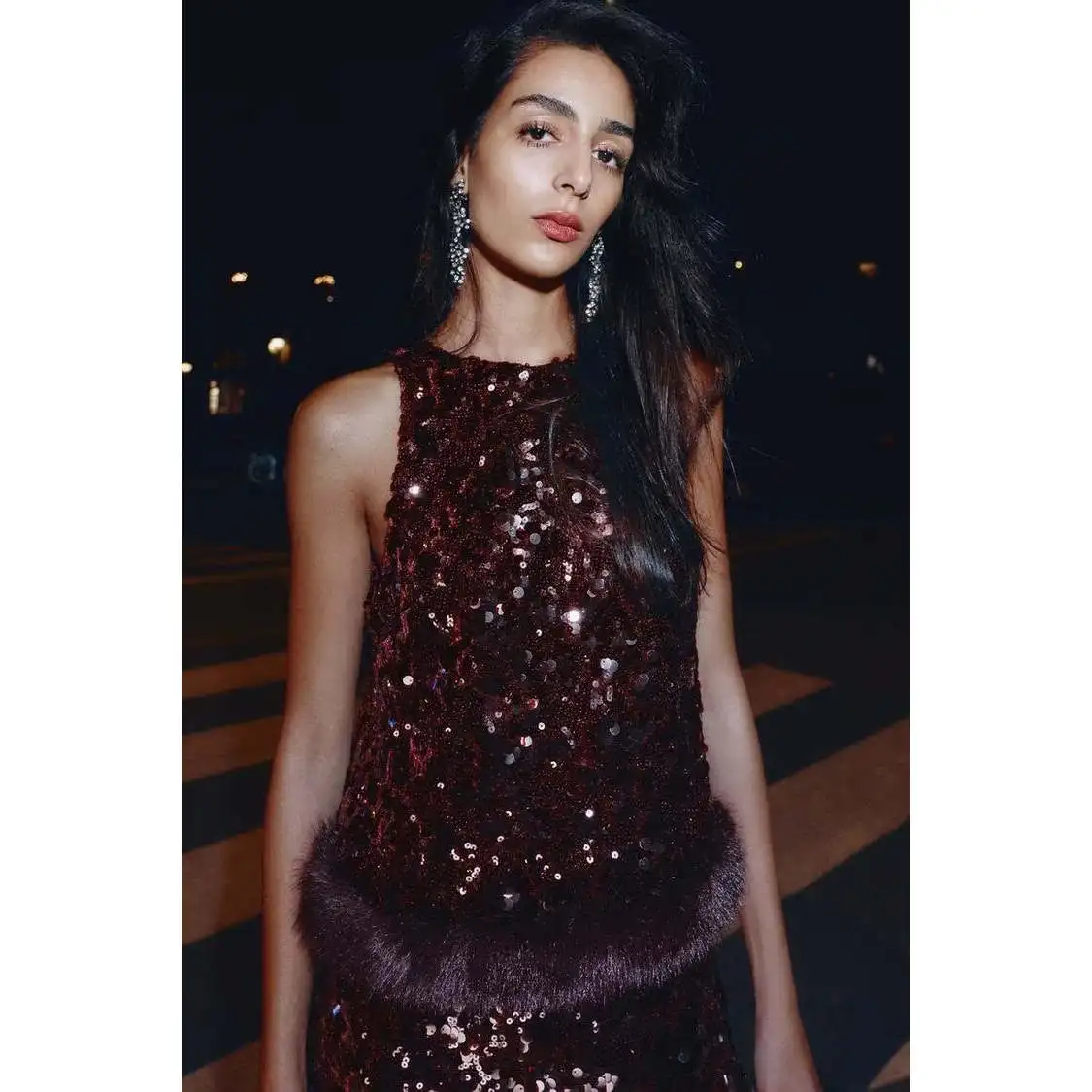 Fall Winter New Women's Fashion Set ZR Style Sequin Trimmed Bucket Top Long Pants European Style Adult Size No Sleeve