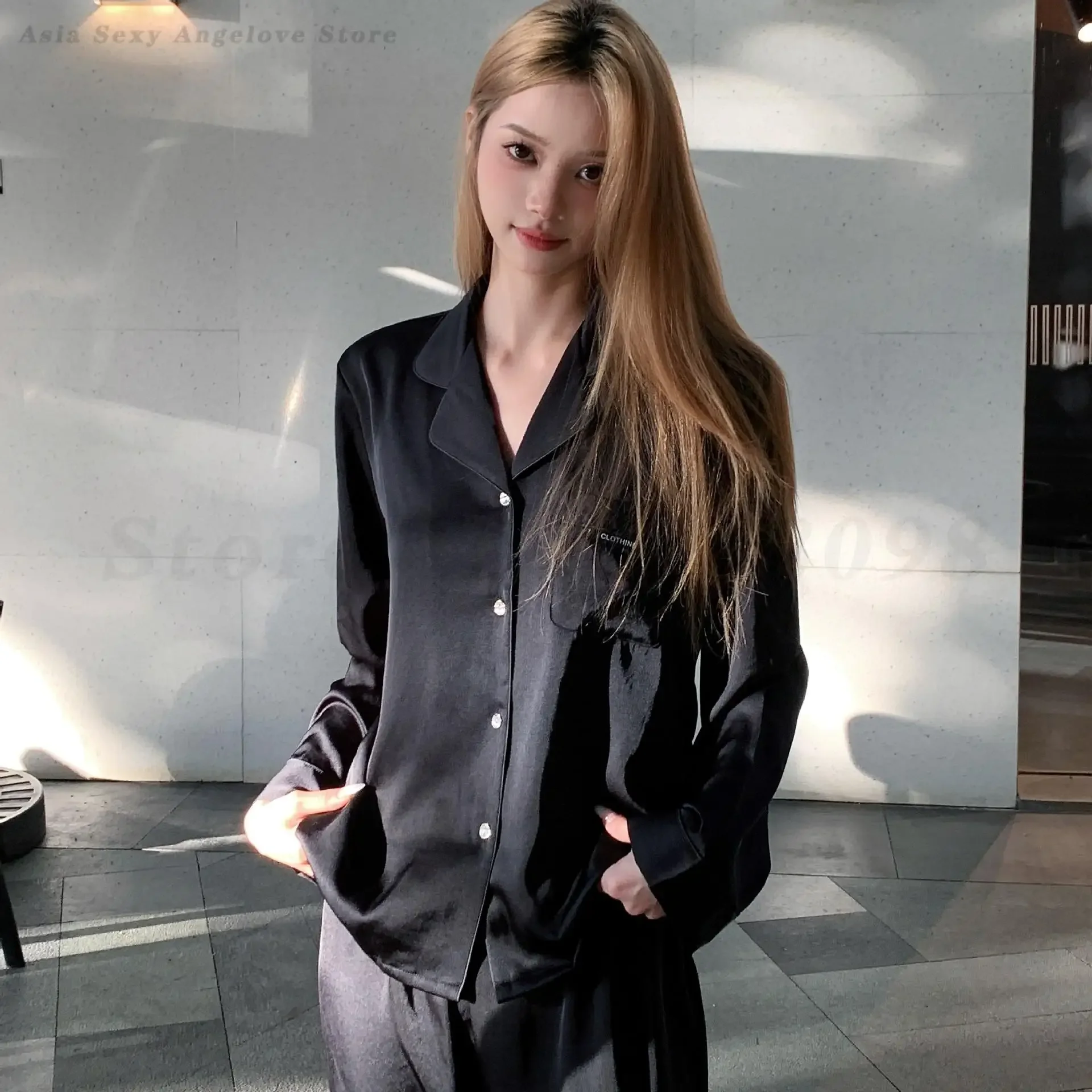 

Сплошной цвет, повседневный пижамный костюм, шелковая атласная одежда для сна, черная свободная рубашка, брюки, комплект из двух предметов, домашняя одежда, одежда для сна, домашняя одежда