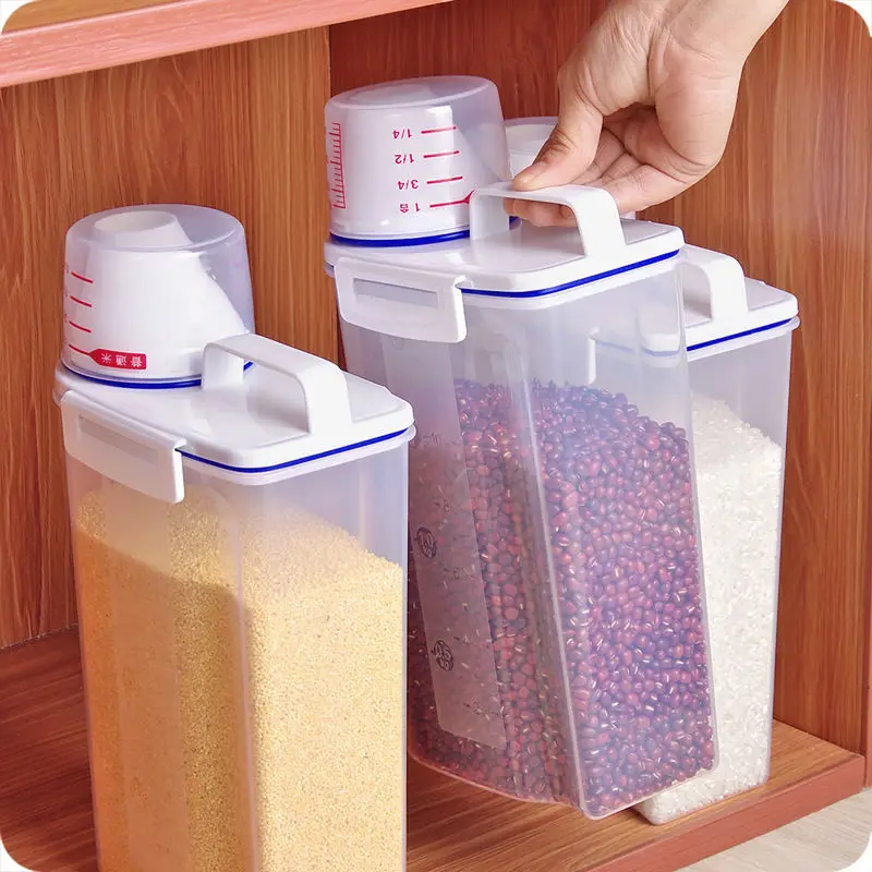 Rice Container 2.3L Rice Dispenser with Measuring Cup, BPA-Free Plastic Kitchen Pantry Food Storage Holder for Oatmeal Flour
