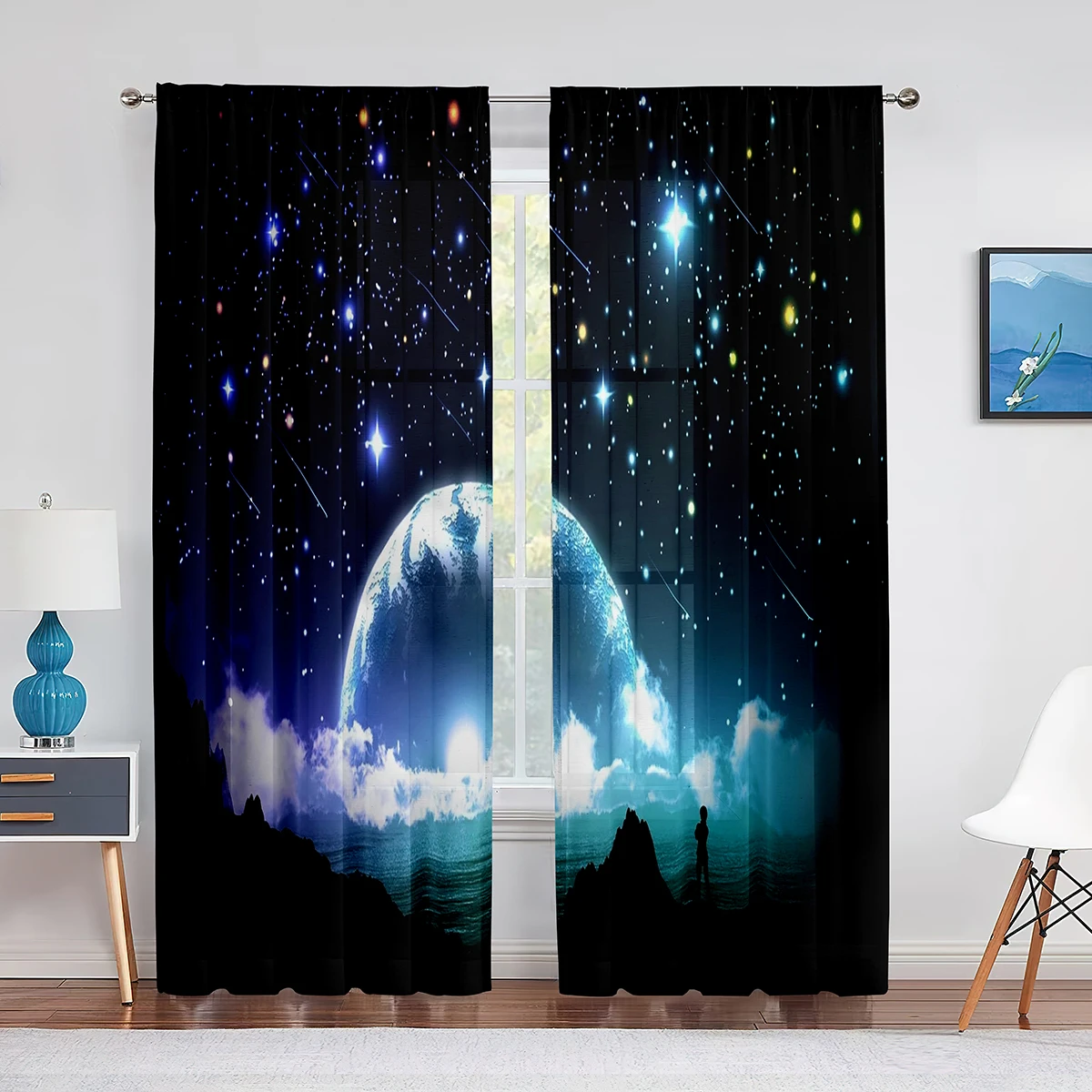 Fantasy Star Sky Meteor Moon Sheer Curtain for Living Room Bedroom Home Kitchen Chiffon Tulle Curtains Window Treatment Decor