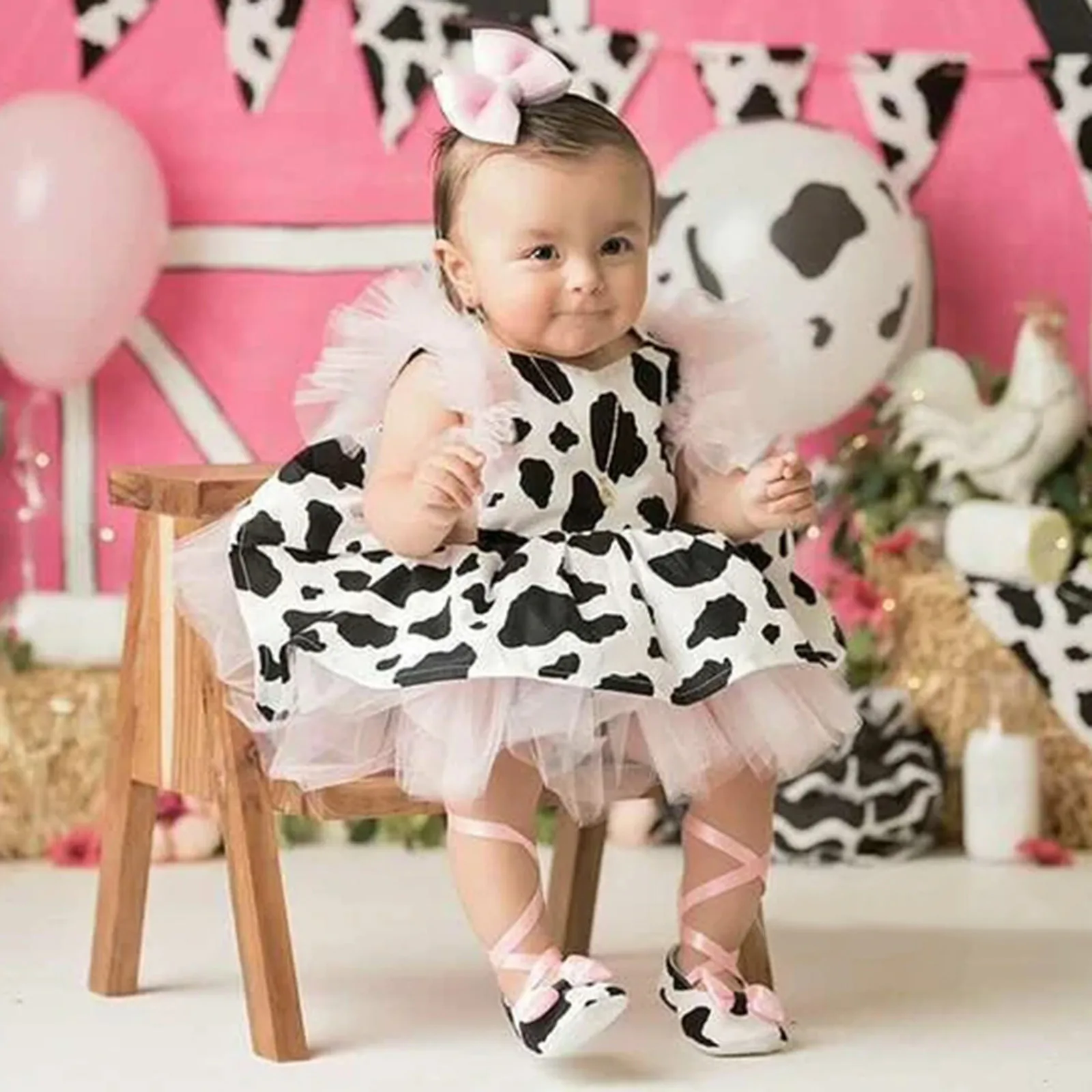 Pelele con estampado de vaca para niñas pequeñas, ropa de tul para recién nacidos, vestidos de tutú sin mangas, trajes de actuación de fiesta, 0-4