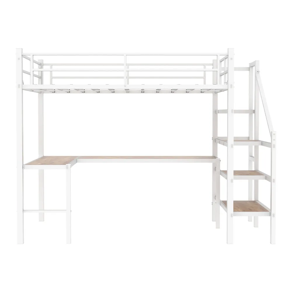 90x190cm Hohes Hochbettgestell mit L-förmigem Schreibtisch, platzsparendes Einzel-Hochbett mit Treppe, durchgehenden Sicherheitsgeländern, geräumigen Ablageflächen und Staufächern, stabiles Hochbett für Schlafzimmer, Teenager- und Erwachsenen-Schlafzimmermöbel – Detail 29