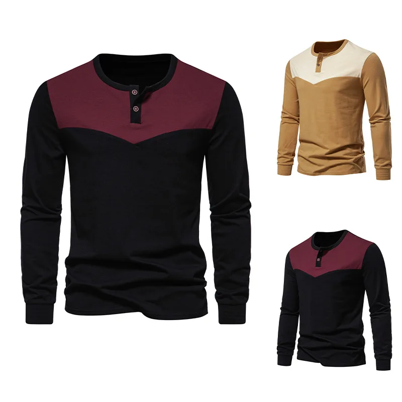 Spring and Autumn New Men's 2-button Color Matching Long-sleeved T-shirt Fashionable Men's D23