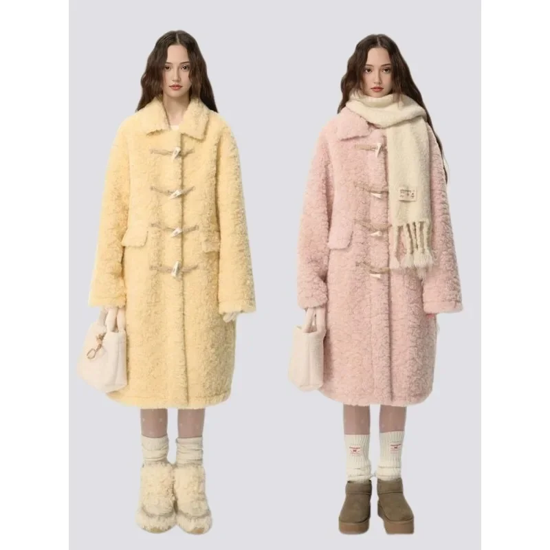 新しいロングラペルスウィートラムスキンホーンボタンファーコート秋冬ドーパミンヒットリラックススタイルアウターコートハイエンドファッショナブルコート