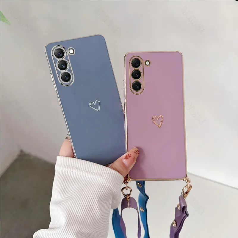 Love Heart Crossbody Lanyard Strap Plating Phone Case On For Samsung Galaxy A13 A14 A15 A23 A24 A25 A34 A35 A54 A55 4G 5G Cover