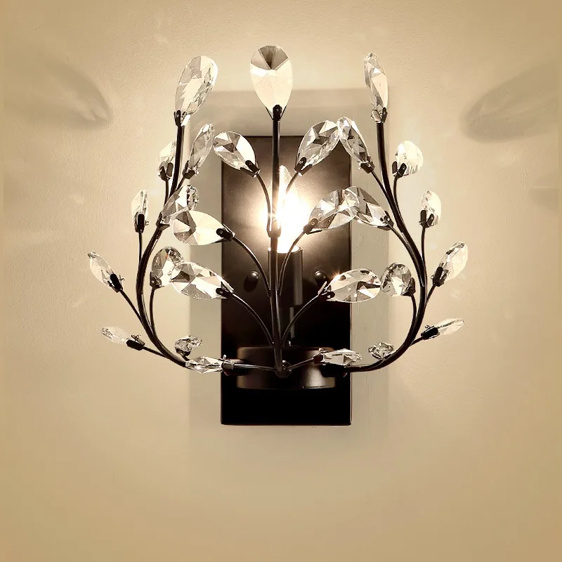 

American Country Single-headed Wall Lamp Living Room Bedroom Bedside Lamp Creative Retro Wrought Iron Candle Crystal Lights
