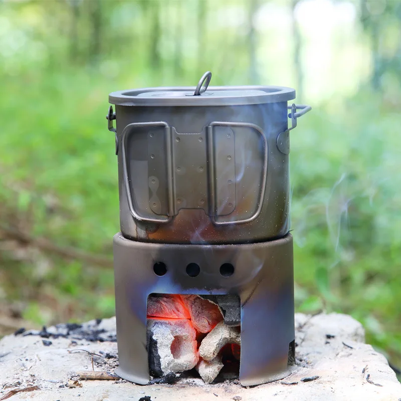Pure titanium titanium pot split set outdoor camping alcohol multi-functional firewood charcoal stove portable small stove