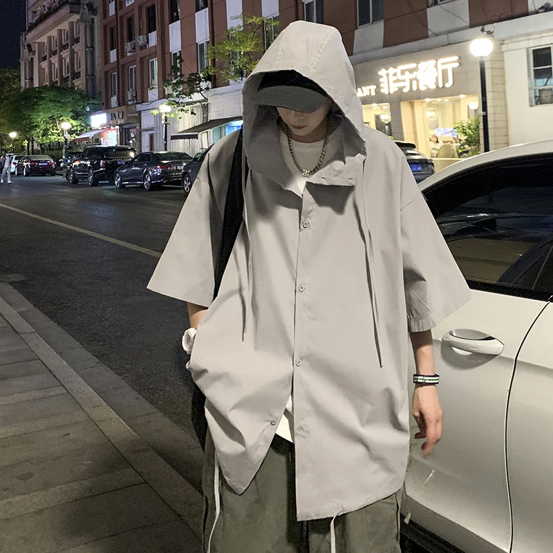 Japanese Harajuku Summer Hooded Shirt Men Women Blouse Sun Protection Fishing Hunting Clothes Quick Dry Drawstring Windbreaker