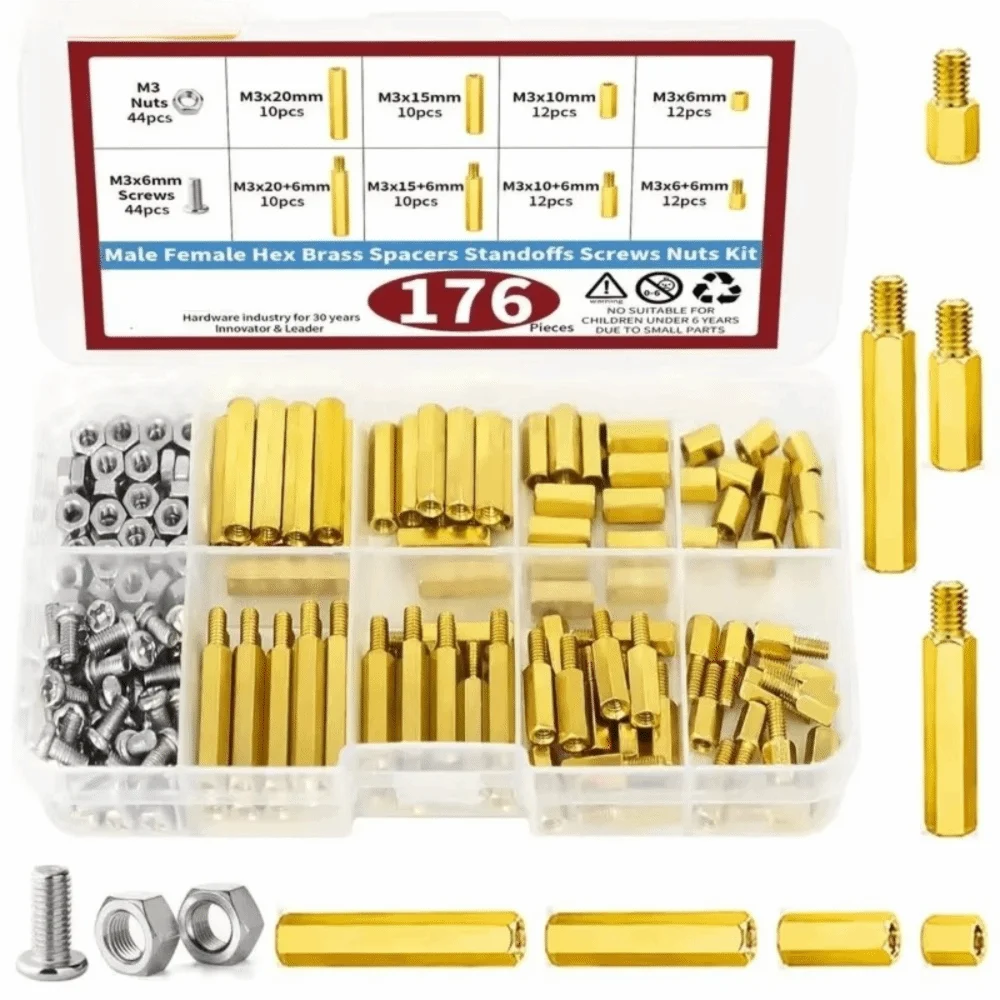 176pcs Brass Motherboard Standoffs Hex Male-Female Multi-Size Screws Nuts Kit Thread Hex Brass Standoff Spacer