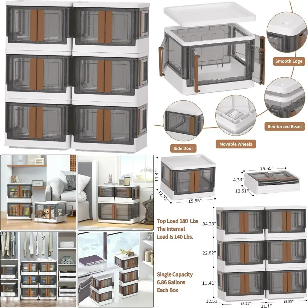両面アクセス可能な折りたたみ式収納箱、容量6.86ガロン、積み重ね可能なプラスチック製本棚
