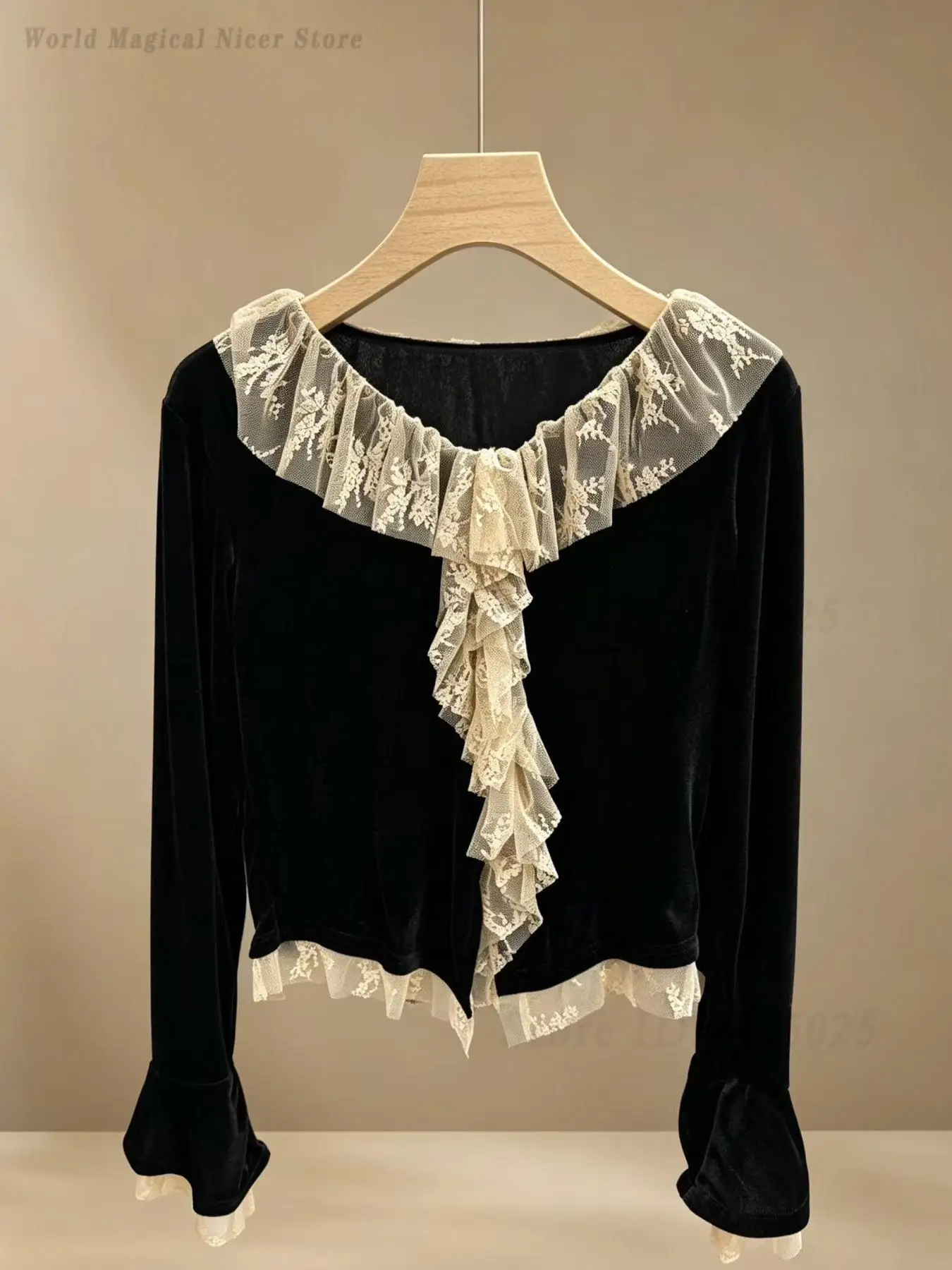 Women Autumn New Velvet Splicing Lace V Neck Top Fake Two Piece T Shirt Retro Chic Design Blouse Casual Ladies Shirt