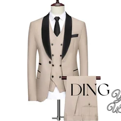 Mens Suit 3 Piece Gold button Business Suit Dress Wedding Party Blazers Vest Pant Men Tuxedo Suit Set traje de hombre elegante