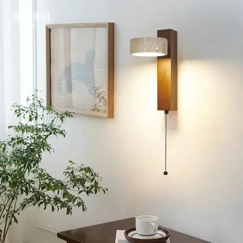 Modern Cream Style Bedroom Bedside Wall Lamp With Pull Switch Wire Rotatable Led Light Stone Homestay Log Wood Walnut Soft Down