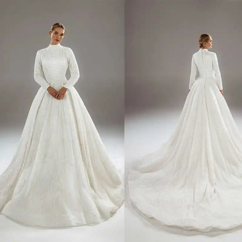 

Gorgeous Wedding Dress Full Sleeves High Neck Lace Sequins Ball Gown Sweep Train Bridal Gowns Vestido De Novia Customized