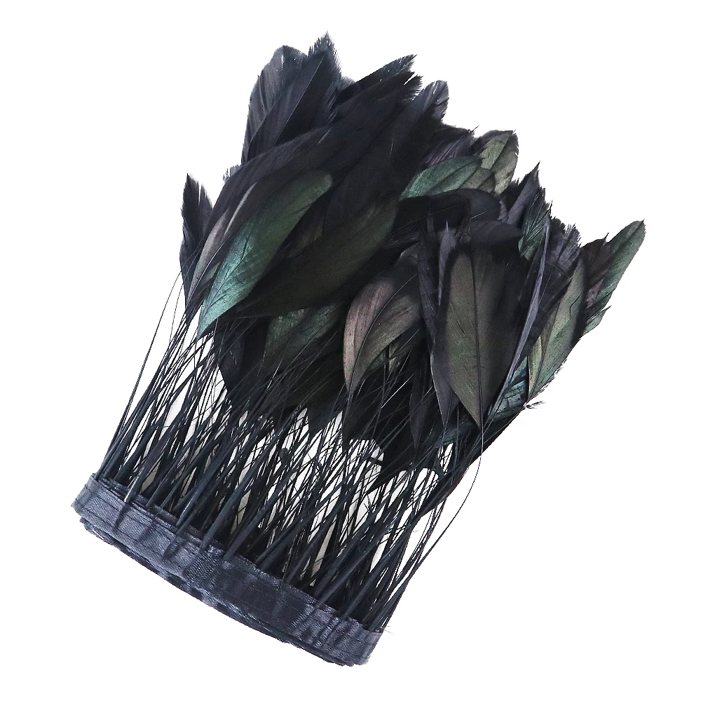 Natural Stripped Coque Feather Trims Fringe Black Ribbon long Rooster Plume for Crafts Dresses Skirt Costume Decoration