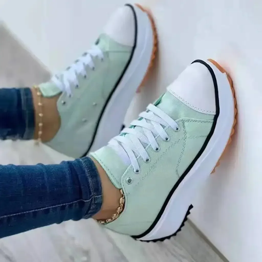 Zapatos clásicos de lona para mujer, zapatillas informales con plataforma y cordones, color blanco sneakers women 2024