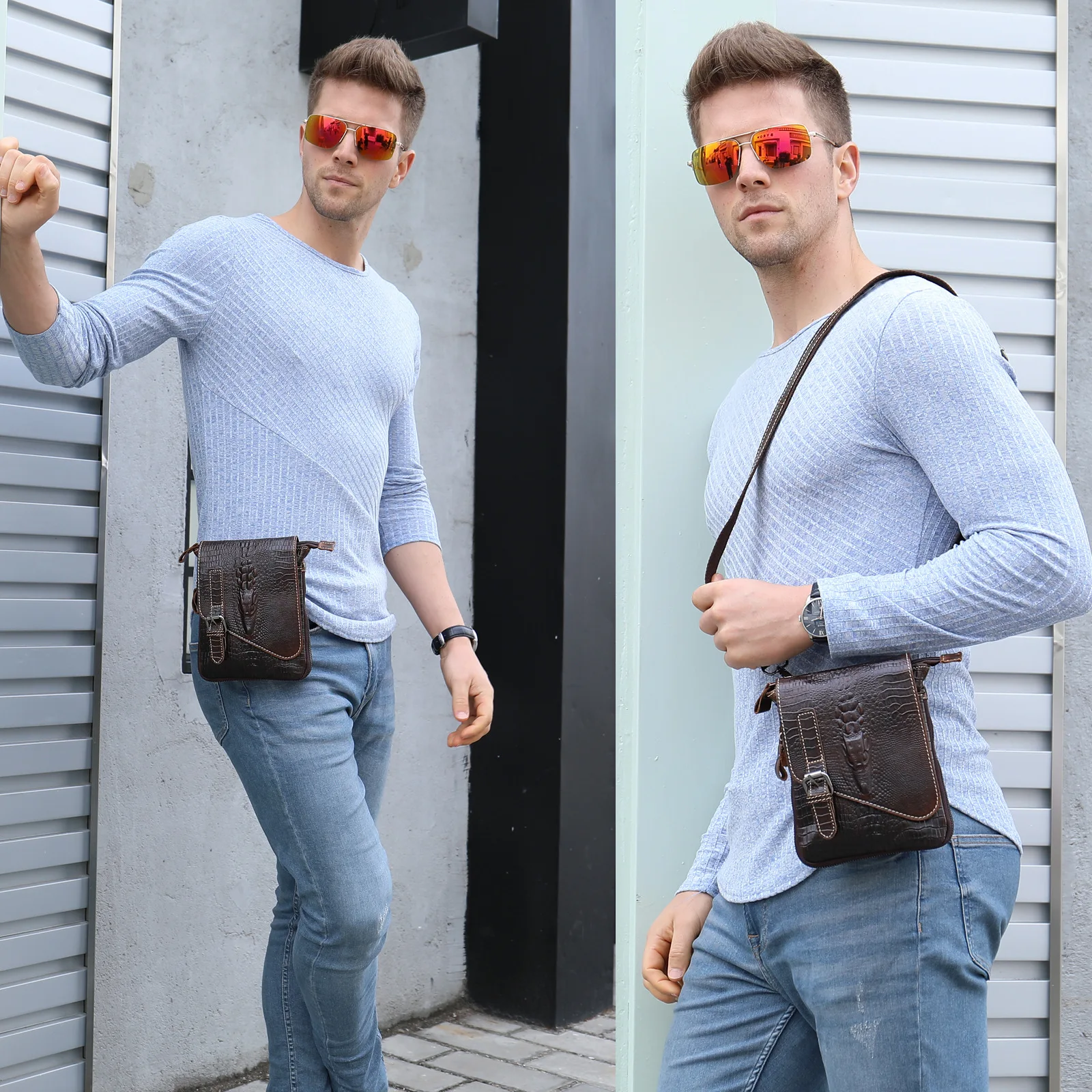 Alligator pattern man\'s crossbody bag leather casual satchel multifunctional waist bag wear on belt mobile phone fanny pack men