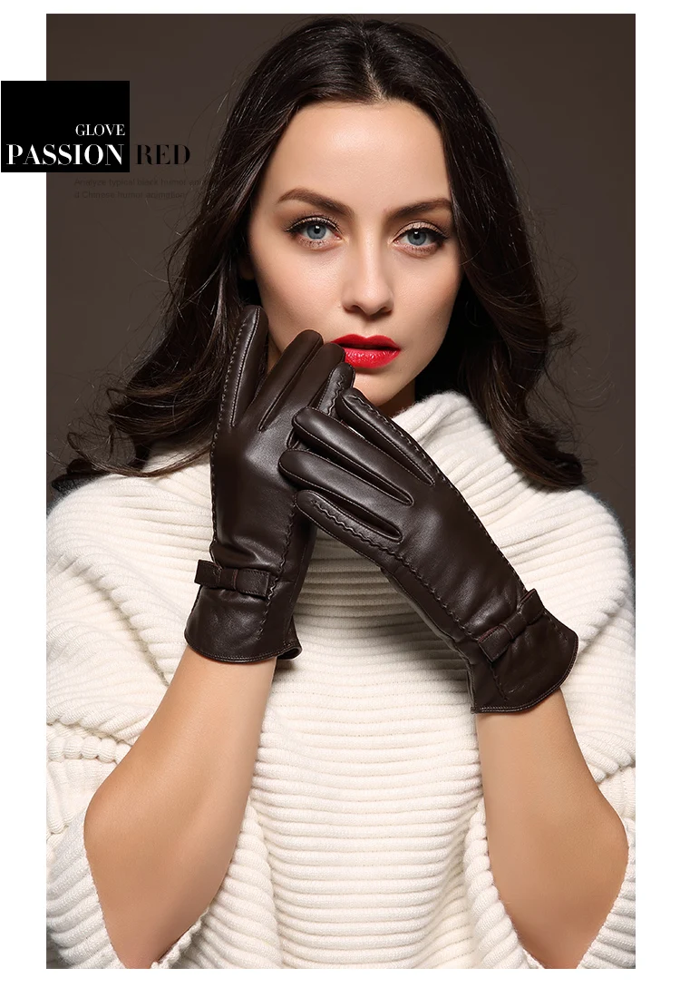 100% High Quality Real Leather Gloves Touch Screen Gloves Women Sheepskin Gloves Thicken Warm Brown Lady Warm Fleece Mittens