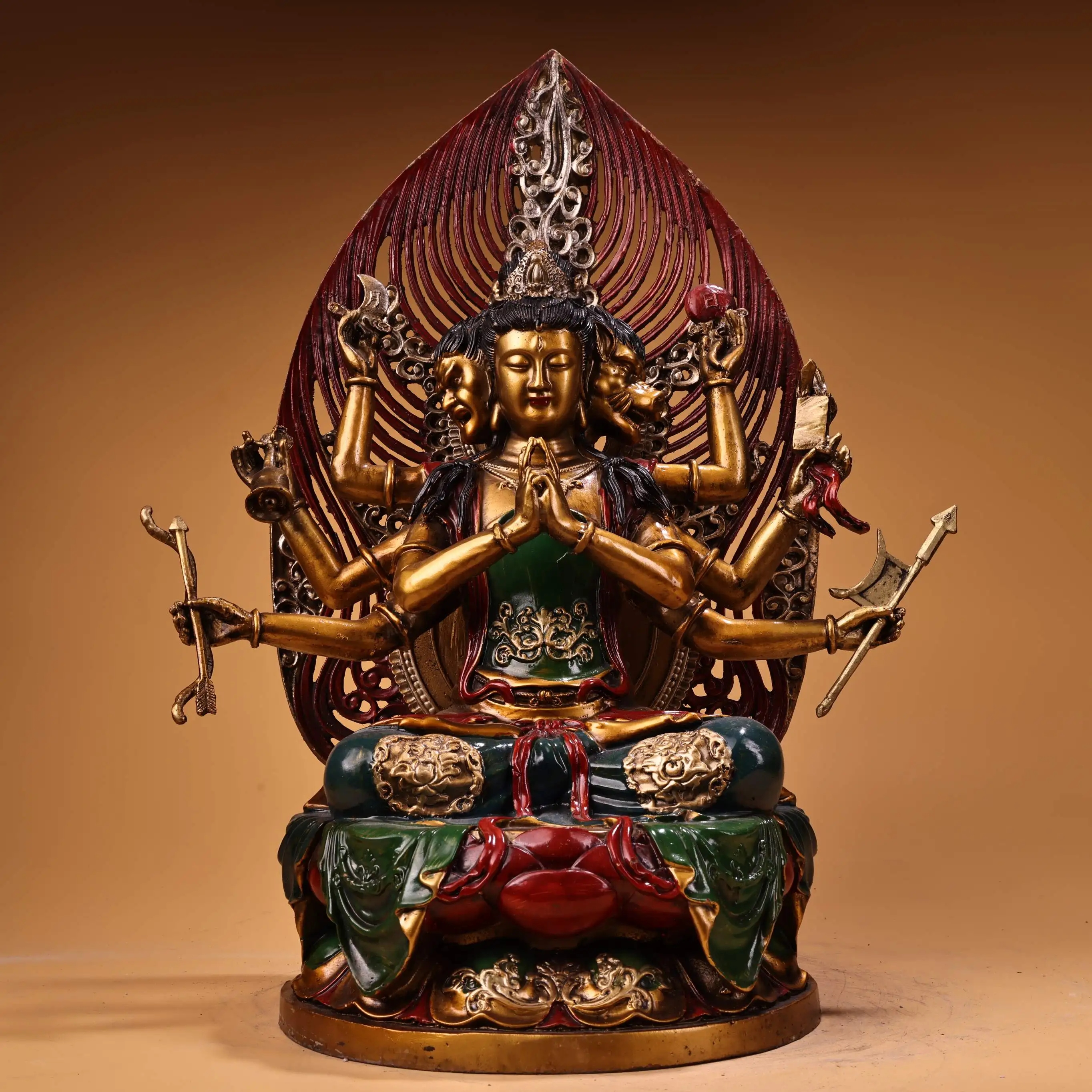 

15"Tibetan Temple Collection Old Bronze High Relief Gilded Painted Doumu Yuanjun immortals Goddess of Big Dippers Worship Hall