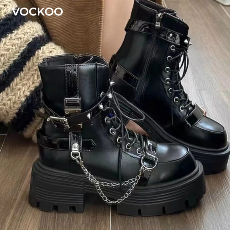 Botas de Tobillo para Mujer Vockoo, Botas de Moda Gótica con Suela Gruesa, Botas Cortas Británicas, Botas de Motociclista para Mujer, Botas Punk con Remaches