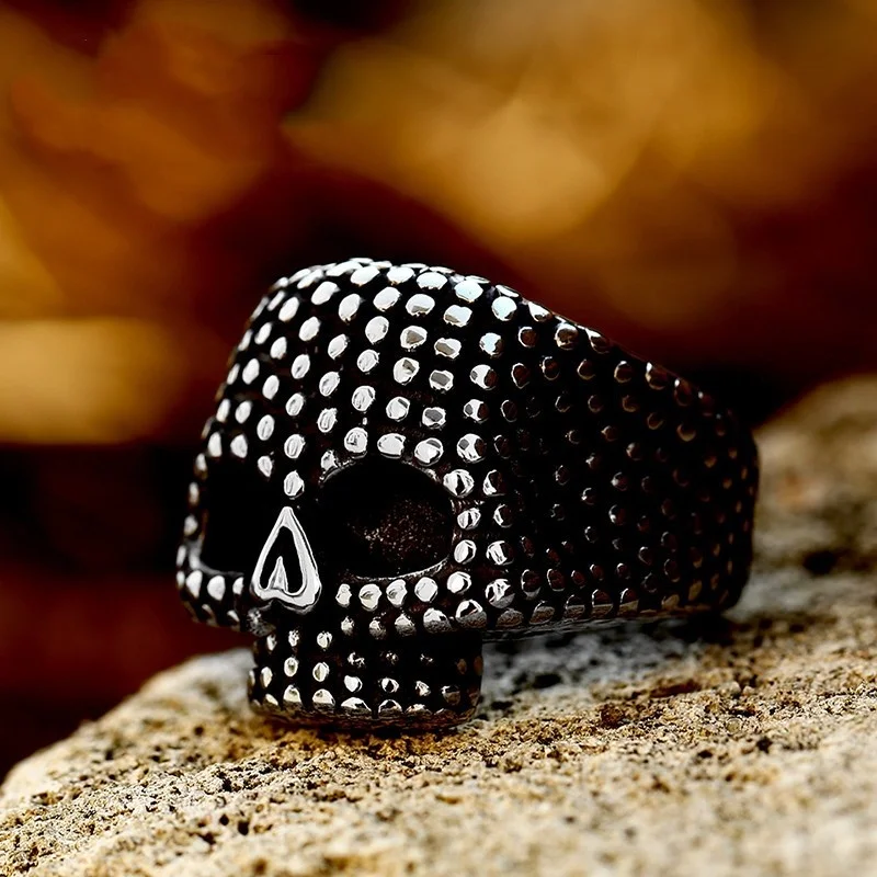 Polishing and Blackening Process Retro Stainless Steel Polka Dot Skull Ring Hip-hop Punk Style Men's Tail Ring Accessory