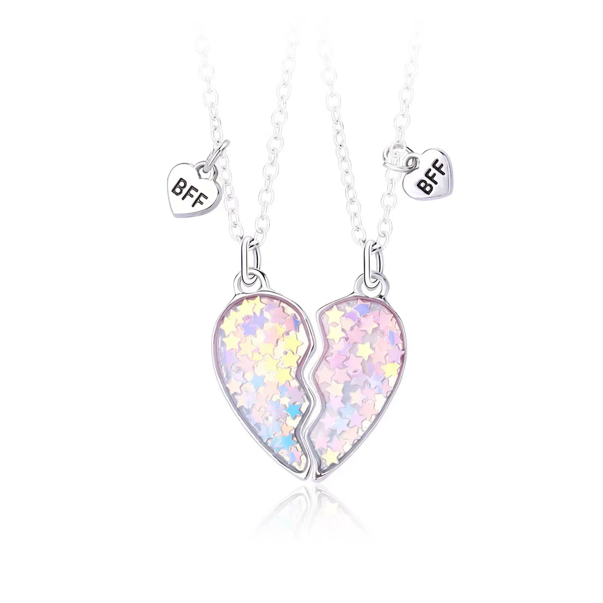 2 Pcs/Set Colorful Sequin Heart-Shaped Necklace Best Friend Pendant Creative Alloy Friendship Necklace Best Friend Necklace