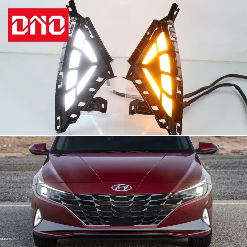 

Car LED DRL 12V Daylights For Hyundai Elantra 2021 2022 Yellow Turn Signal Daytime Running Headlamps Auto Driving Lamp Foglamps